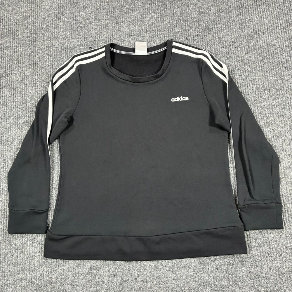 Adidas Womens Size L Black White 3 Stripe Crewneck Sweatshirt Pullover Athletic